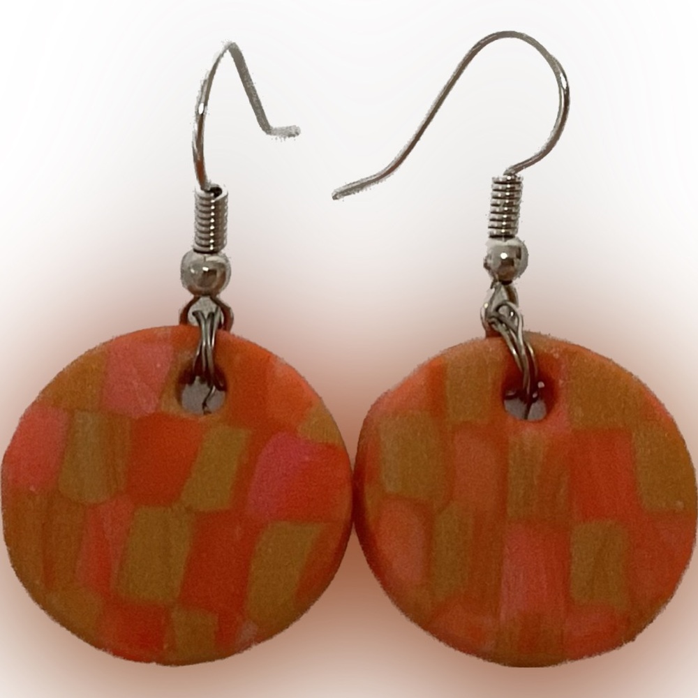 Hand Crafted Checkered Clay Statement Earrings Orange Yellow